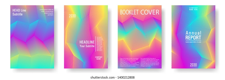 Broken lines gradient report cover templates vector set. Halftone cool texture cover page layout templates set. Brochures graphic design, business booklet pages corporate layouts in rainbow colors.