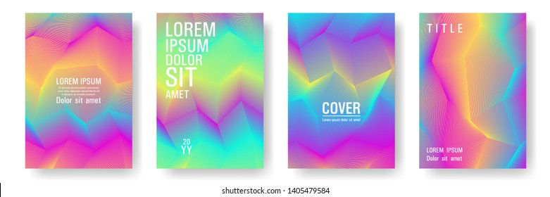 Broken lines gradient report cover templates vector set. Halftone cool texture cover page layout templates set. Brochures graphic design, business booklet pages corporate layouts in rainbow colors.