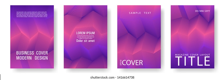 Broken lines gradient report cover templates vector set. Geometric texture cover page layout templates set. Brochures graphic design, business booklet pages corporate layouts in coral, violet, purple.