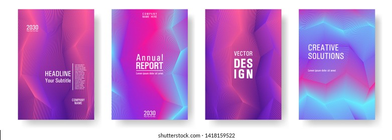 Broken lines gradient report cover templates vector set. Blue pink violet gradient texture cover page layout templates set. Brochures graphic design, business booklet pages corporate layouts.