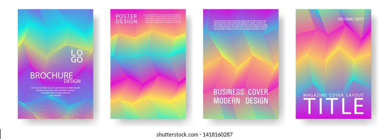 Broken lines gradient report cover templates vector set. Halftone rainbow geometric texture cover page layout templates set. Brochures graphic design, business booklet pages corporate layouts.