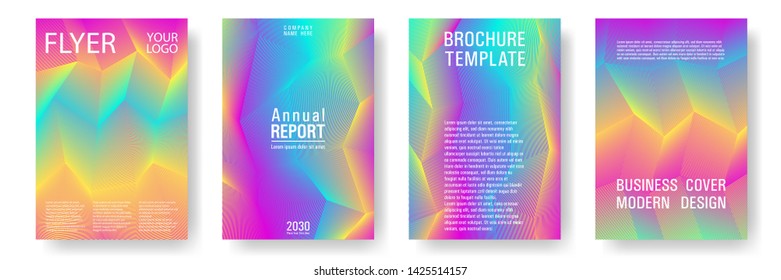 Broken lines gradient report cover templates vector set. Halftone cool texture cover page layout templates set. Brochures graphic design, business booklet pages corporate layouts in rainbow colors.