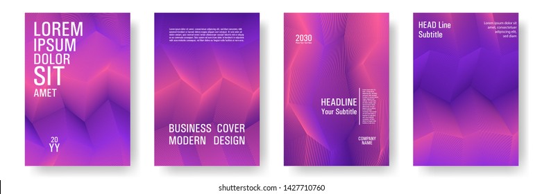 Broken lines gradient report cover templates vector set. Geometric texture cover page layout templates set. Brochures graphic design, business booklet pages corporate layouts in coral, violet, purple.