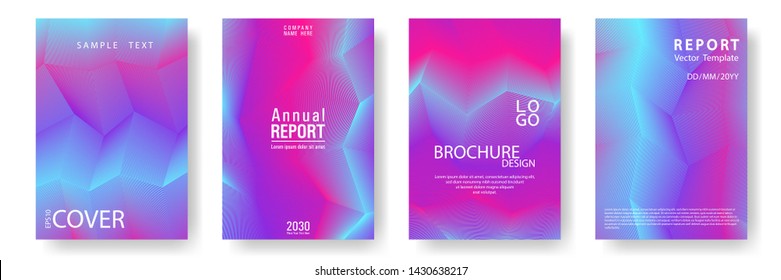Broken lines gradient report cover templates vector set. Blue magenta violet gradient texture cover page layout templates set. Brochures graphic design, business booklet pages corporate layouts.