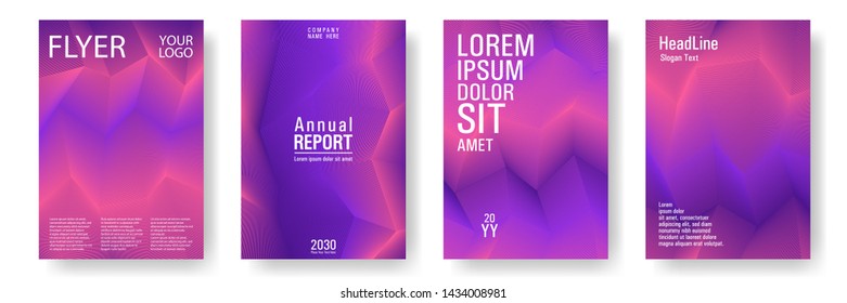 Broken lines gradient report cover templates vector set. Geometric texture cover page layout templates set. Brochures graphic design, business booklet pages corporate layouts in coral, violet, purple.