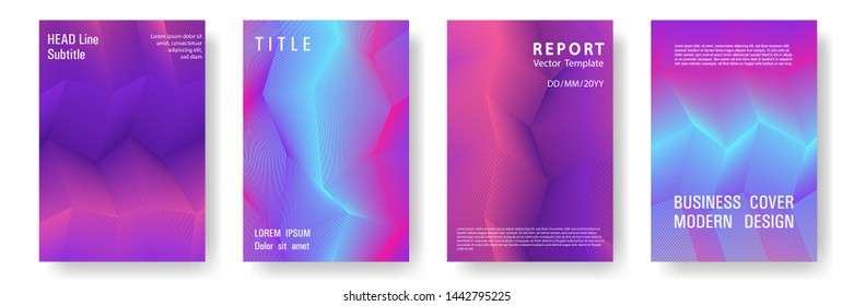 Broken lines gradient report cover templates vector set. Blue pink violet gradient texture cover page layout templates set. Brochures graphic design, business booklet pages corporate layouts.
