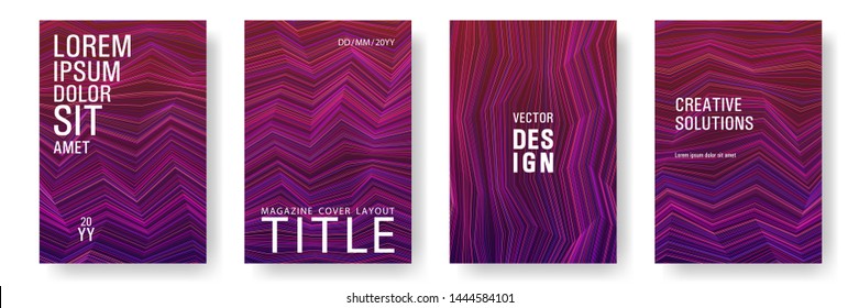 Broken lines gradient report cover templates vector set. Magenta purple gradient texture cover page layout templates set. Brochures graphic design, business booklet pages corporate layouts.