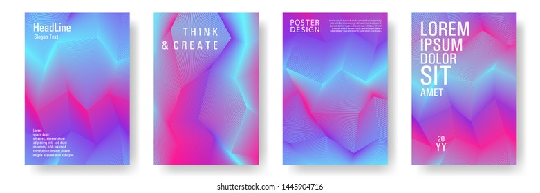 Broken lines gradient report cover templates vector set. Blue magenta violet gradient texture cover page layout templates set. Brochures graphic design, business booklet pages corporate layouts.