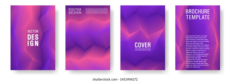 Broken lines gradient report cover templates vector set. Geometric texture cover page layout templates set. Brochures graphic design, business booklet pages corporate layouts in coral, violet, purple.