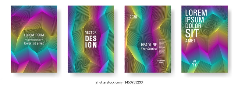 Broken lines gradient report cover templates vector set. Halftone rainbow geometric texture cover page layout templates set. Brochures graphic design, business booklet pages corporate layouts.