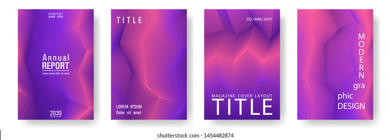 Broken lines gradient report cover templates vector set. Geometric texture cover page layout templates set. Brochures graphic design, business booklet pages corporate layouts in coral, violet, purple.