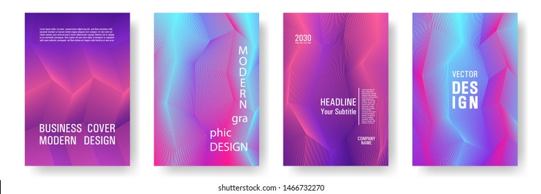 Broken lines gradient report cover templates vector set. Blue pink violet gradient texture cover page layout templates set. Brochures graphic design, business booklet pages corporate layouts.