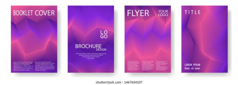 Broken lines gradient report cover templates vector set. Geometric texture cover page layout templates set. Brochures graphic design, business booklet pages corporate layouts in coral, violet, purple.