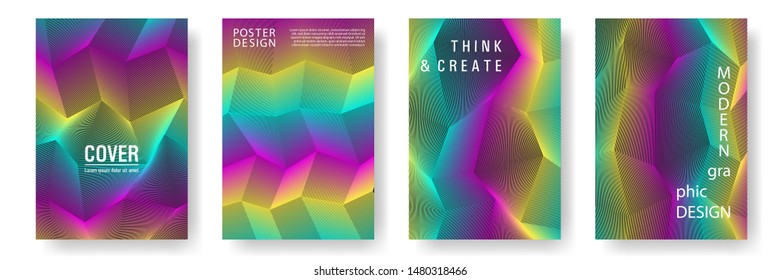 Broken lines gradient report cover templates vector set. Halftone rainbow geometric texture cover page layout templates set. Brochures graphic design, business booklet pages corporate layouts.