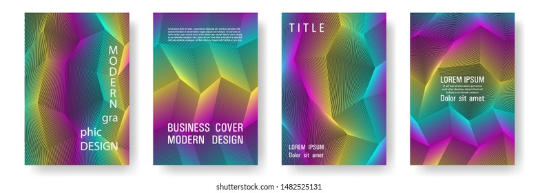 Broken lines gradient report cover templates vector set. Halftone rainbow geometric texture cover page layout templates set. Brochures graphic design, business booklet pages corporate layouts.