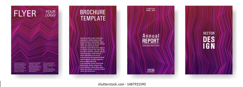 Broken lines gradient report cover templates vector set. Magenta purple gradient texture cover page layout templates set. Brochures graphic design, business booklet pages corporate layouts.