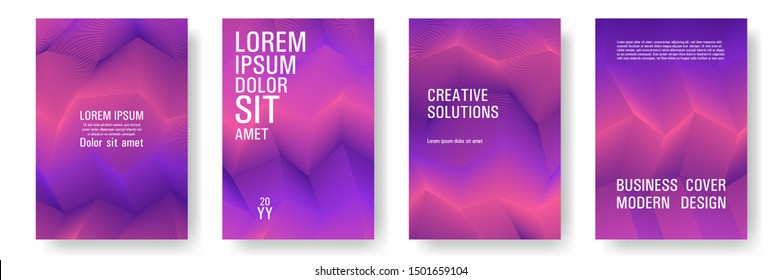 Broken lines gradient report cover templates vector set. Geometric texture cover page layout templates set. Brochures graphic design, business booklet pages corporate layouts in coral, violet, purple.