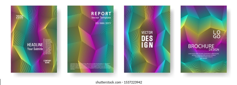 Broken lines gradient report cover templates vector set. Halftone rainbow geometric texture cover page layout templates set. Brochures graphic design, business booklet pages corporate layouts.