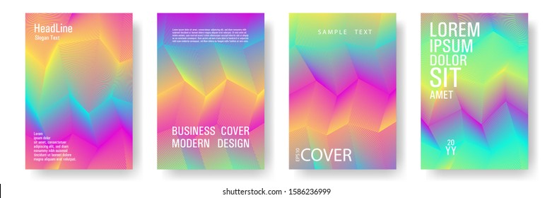 Broken lines gradient report cover templates vector set. Halftone cool texture cover page layout templates set. Brochures graphic design, business booklet pages corporate layouts in rainbow colors.