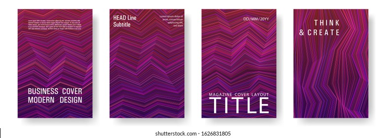 Broken lines gradient report cover templates vector set. Magenta purple gradient texture cover page layout templates set. Brochures graphic design, business booklet pages corporate layouts.