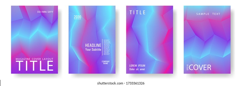 Broken lines gradient report cover templates vector set. Blue magenta violet gradient texture cover page layout templates set. Brochures graphic design, business booklet pages corporate layouts.