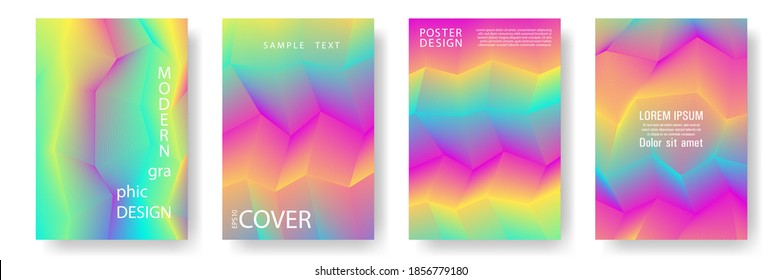 Broken lines gradient report cover templates vector set. Halftone cool texture cover page layout templates set. Brochures graphic design, business booklet pages corporate layouts in rainbow colors.