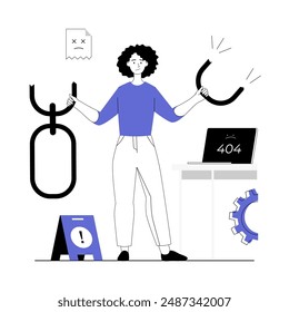 Broken link. 404 error page, Page not found. Technical problems wrong or broken link and internet address. Vector illustration with line people for web design.	
