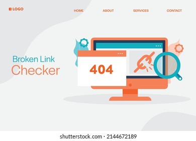 Comprobación de vínculos rotos, página de error 404, página no encontrada - ilustración vectorial de diseño plano con iconos y textos