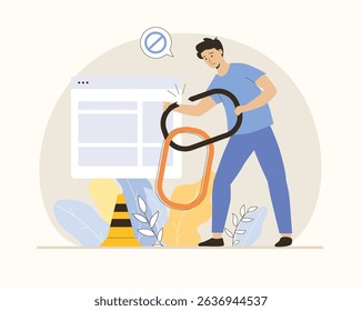 Broken link. Concept of temporary communication problems and online compound. Link to empty non existent page. Flat vector illustration.	
