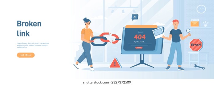 Broken link. Error - Page not found 404, Go back. Link to empty non existent page. Flat concept great for social media promotional material. Website banner on white background.	
