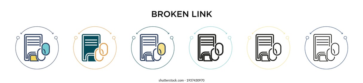 Icono de vínculo roto en el estilo relleno, delgado, contorno y trazo. Ilustración vectorial de dos iconos vectoriales de enlaces rotos de color y negro se pueden utilizar para móviles, ui, web