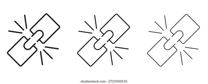 Conjunto de pictograma negro con logotipo de icono de Enlace roto. arte de contorno de línea delgada.