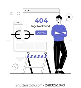 Broken link. Wrong site address and technical problems. 404 error page not found. People holding a broken chain. Vector illustration with line people for web design.	