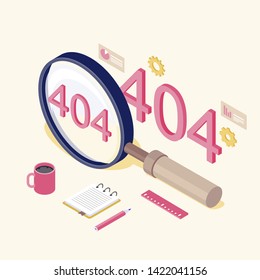 Broken Links Identification Isometric Illustration. 404 Message In Magnifying Glass. Server Not Found Problem Analyzing. Webpage Unavailable, Web Search Malfunctions Solution Concept 