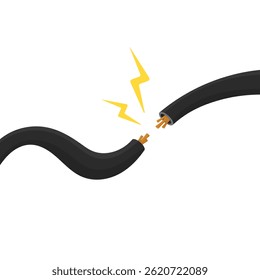 Broken live wire in cartoon style on white background isolated. Electricity in cable