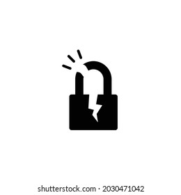 Broken Lock Glyph Icon. Simple Solid Style. Unlock, Crack, Padlock, Break, Free, Chain, Code, Security, Fail, Technology Concept. Vector Design Illustration Isolated On White Background. EPS 10