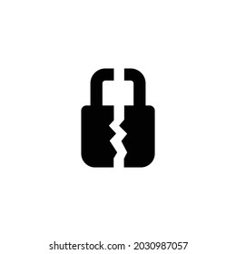 Broken lock glyph icon. Simple solid style. Unlock, crack, padlock, break, free, chain, code, security, fail, technology concept. Vector design illustration isolated on white background. EPS 10