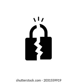 Broken Lock Glyph Icon. Simple Solid Style. Unlock, Crack, Padlock, Break, Free, Chain, Code, Security, Fail, Technology Concept. Vector Design Illustration Isolated On White Background. EPS 10