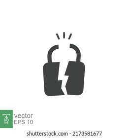 Broken Lock Glyph Icon. Simple Solid Style. Unlock, Crack, Padlock, Break, Free, Chain, Code, Security, Fail, Technology Concept. Vector Design Illustration Isolated On White Background. EPS 10