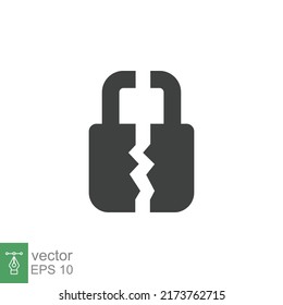 Broken Lock Glyph Icon. Simple Solid Style. Unlock, Crack, Padlock, Break, Free, Chain, Code, Security, Fail, Technology Concept. Vector Design Illustration Isolated On White Background. EPS 10