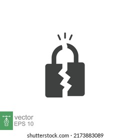 Broken lock glyph icon. Simple solid style. Unlock, crack, padlock, break, free, chain, code, security, fail, technology concept. Vector design illustration isolated on white background. EPS 10