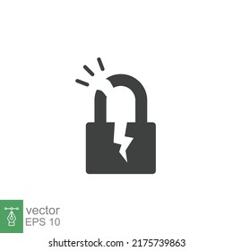 Broken Lock Glyph Icon. Simple Solid Style. Unlock, Crack, Padlock, Break, Free, Chain, Code, Security, Fail, Technology Concept. Vector Design Illustration Isolated On White Background. EPS 10