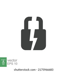 Broken Lock Glyph Icon. Simple Solid Style. Unlock, Crack, Padlock, Break, Free, Chain, Code, Security, Fail, Technology Concept. Vector Design Illustration Isolated On White Background. EPS 10