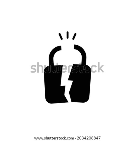 Broken lock glyph icon. Simple solid style. Unlock, crack, padlock, break, free, chain, code, security, fail, technology concept. Vector design illustration isolated on white background. EPS 10