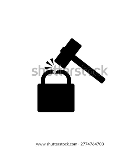 Broken lock with hammer shown security issue icon or symbol of vulnerability and danger
