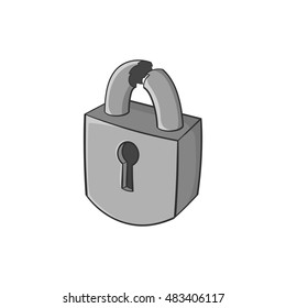 Broken lock icon in black monochrome style isolated on white background. Burglary symbol vector illustration