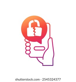 Broken lock icon with a phone in hand