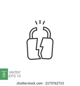 Icono de línea de bloqueo rota. Estilo de contorno simple. Desbloquear, crack, candado, break, free, chain, code, security, fail, concepto de tecnología. Ilustración de diseño de vectores aislada en fondo blanco. EPS 10