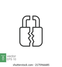 Broken Lock Line Icon. Simple Outline Style. Unlock, Crack, Padlock, Break, Free, Chain, Code, Security, Fail, Technology Concept. Vector Design Illustration Isolated On White Background. EPS 10