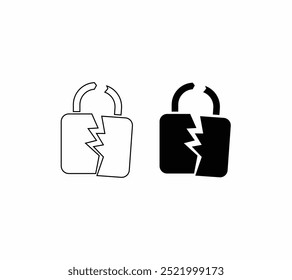 Icono de línea de bloqueo roto. Estilo de contorno simple. Desbloquear, grieta, candado, romper, liberar, cadena, código, seguridad, falla, concepto de tecnología. Ilustración de diseño de Vector aislado sobre fondo blanco. EPS 10